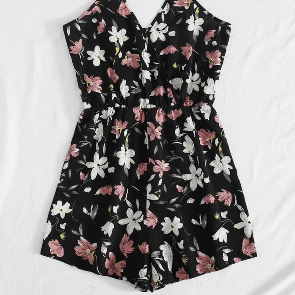 Women's Romper Black Pink Floral Print Romper MEDIUM (4-6 US) - Picture 5 of 8